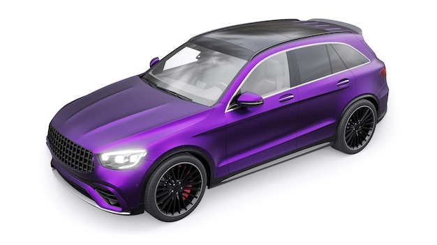 An expensive ultrafast sports SUV car for exciting driving in the city on the highway and on the race track 3D model of a purple car on a white isolated background 3d rendering