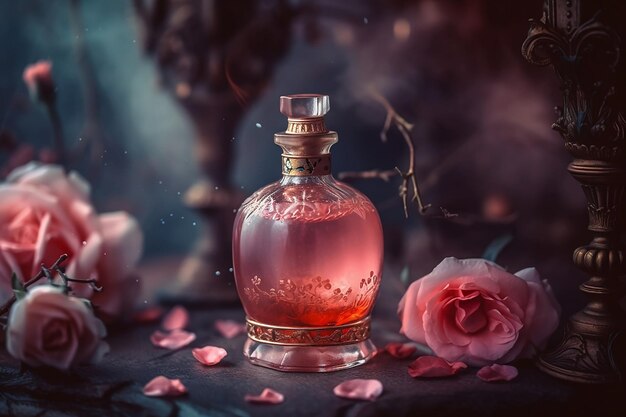 Expensive vintage bottle with perfume with pink flowers