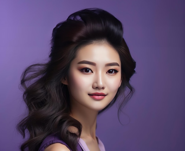Experience the allure of an Asian young woman adorned in makeup against a violet backdrop