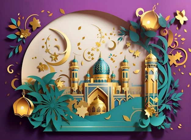 Experience the beauty of Ramadan Kareem with our intricately illustrated paperstyle design