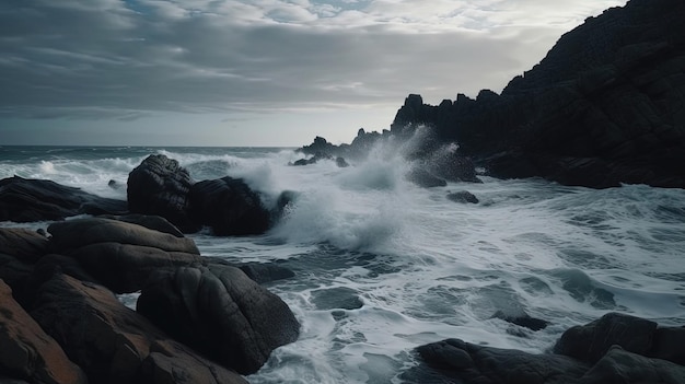 Experience the captivating drama of waves crashing against the resilient rocks as the relentless surge of the sea collides with the steadfast presence of the rocky shore Generated by AI