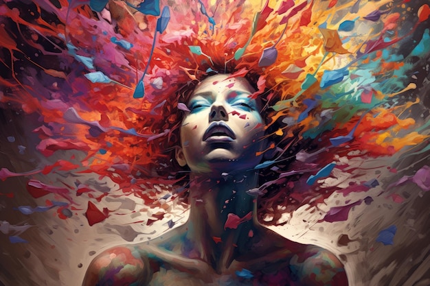 Насладитесь захватывающим произведением искусства, изображающим женщину с яркими разноцветными волосами. Абстрактное изображение мыслей, взрывающихся в творческом сознании. Сгенерировано AI.