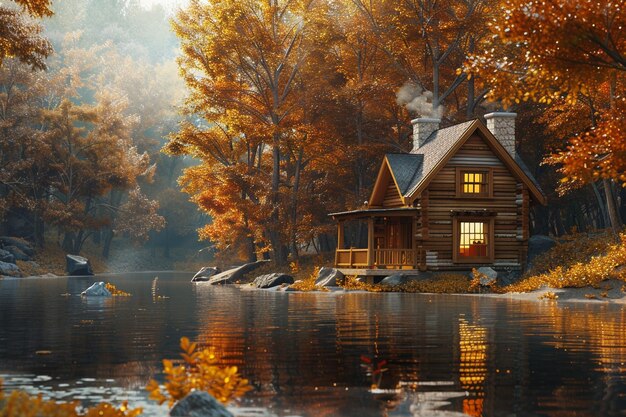 Photo experience the cozy charm of a riverside cabin coe generative ai