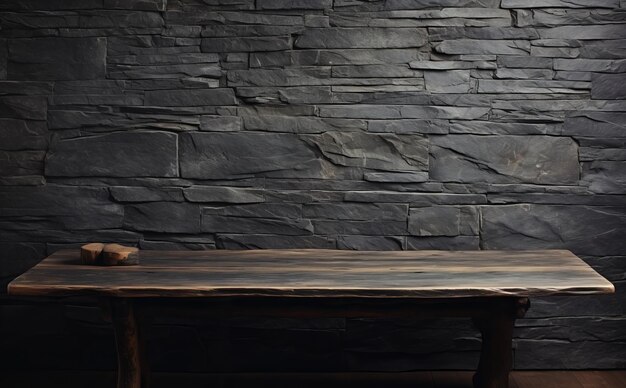 Experience Cozy Elegance Charming Wooden Table Against Slate Stone Wall