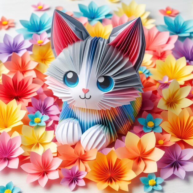 Foto sperimenta l'incanto del kirigami con un gattino colorato in mezzo a fiori vivaci.