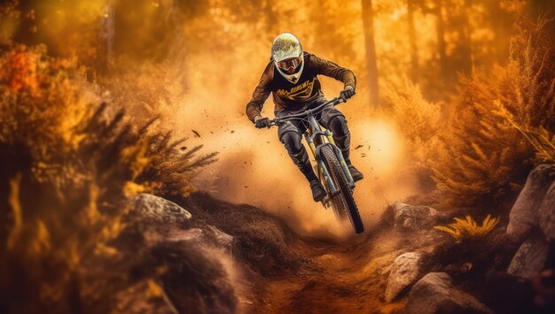 Experience the excitement and speed as a skilled rider takes on challenging trails with jawdropping jumps and gravitydefying tricks thrilling mountain bike adventure Ai generative