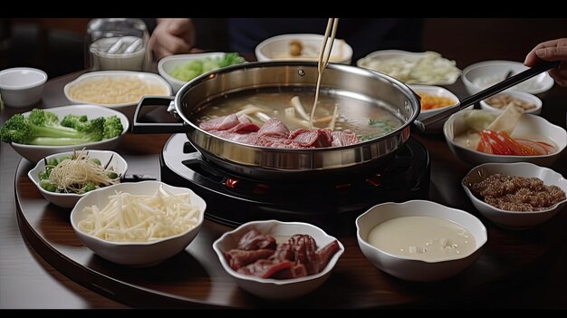Experience the flavors and excitement of a sizzling hot pot filled with an array of fresh ingredients and savory broth in this 4K video Generated by AI
