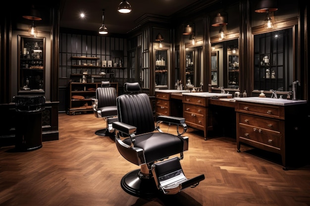 Experience a hair transformation surrounded by mirrors in this uniquely designed room featuring a barber chair and abundant reflections luxury mens hairdressers shop AI Generated