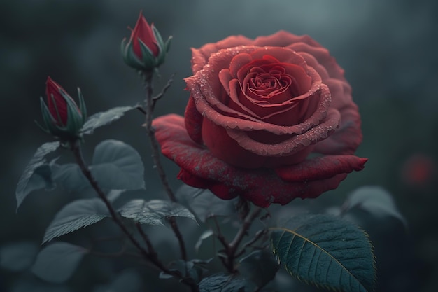 Испытайте волшебство розы в тумане с захватывающей дух фотографией красной розы в туманном саду.