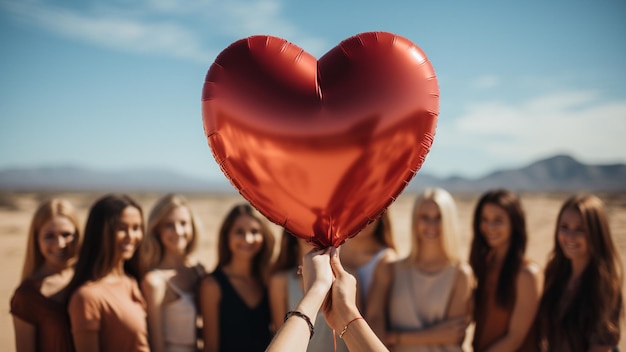 Foto sperimenta la magia del giorno di san valentino con i palloncini a forma di cuore crea momenti romantici indimenticabili mentre le persone rilasciano palloncini pieni di amore nel cielo