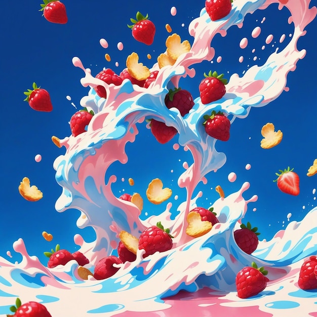 Photo experience the mesmerizing chaos of cornflakes cascading through the air blueberry raspberry stra