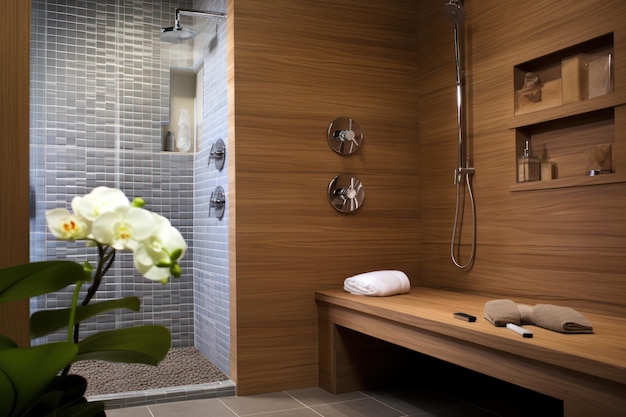 Experience spalike tranquility with a teak shower bench pebble floor tiles and a rainfall showerhead ar 32 v 52 Job ID 4a613ec6328b43f2977458a088447948