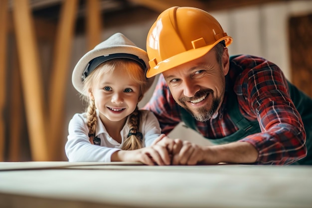 Experience the special bond as a father teaches his little son woodworking wearing safety helmets AI Generated