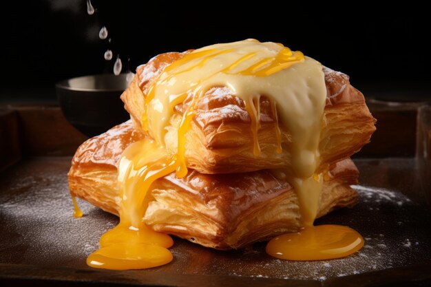 Photo experience the tempting delight of a golden creamy tompouce a mouthwatering pastry with flaky