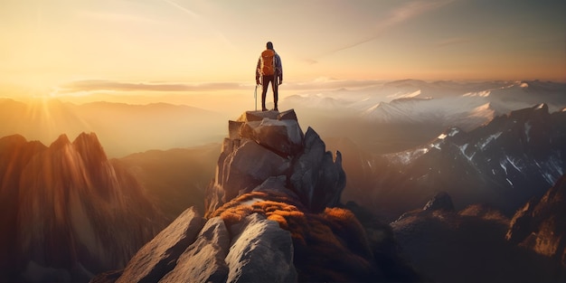 Experience the thrill of adventure with this breathtaking shot of a solo hiker conquering a rugged mountain peak at sunset Generative ai