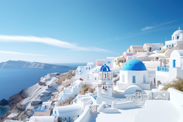 Experience the tranquility of a picturesque blue and white village surrounded by natural beauty White architecture of Oia village on Santorini island Greece AI Generated