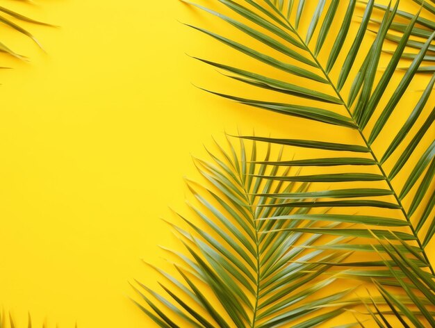 写真 熱帯 の 静けさ を 経験 し て ください.活発 な 黄色 の 背景 に 茂る パーム の 葉