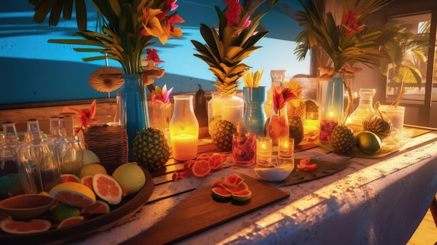 Experience an ultrarealistic 8K Caribbeanthemed party with an endless supply of refreshing rum cocktails vibrant island decor Generated by AI