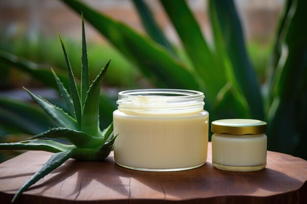 Photo experience vitality through a vibrant photo showcasing a jar of cream infused with the vitality of aloe a mockup that invites you to embrace the energetic benefits of aloeenriched skincare
