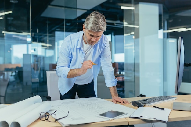 An experienced architect working on a drawing a man in a modern office at the computer a designer draws a modern project