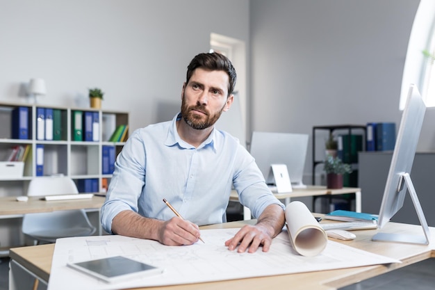 Experienced architect working on project plan of house paints man in office at work