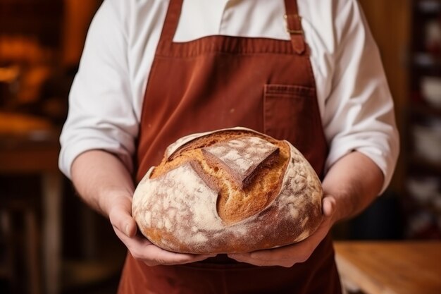 Experienced baker holding dark warm bread bakery fresh homemade wheat cake professional man kitchen