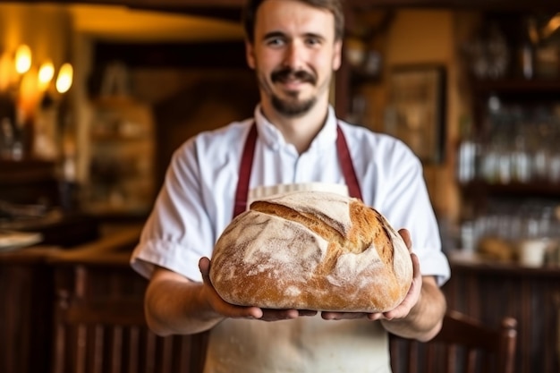 Опытный пекарь держит темный теплый хлеб пекарня свежий домашний пшеничный торт профессиональный человек кухня