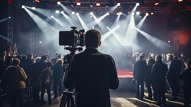 Experienced cameraman recording live event news studio with selective focus