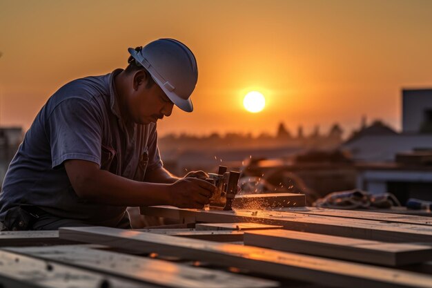 Experienced construction worker laboring diligently on the roof during a building project