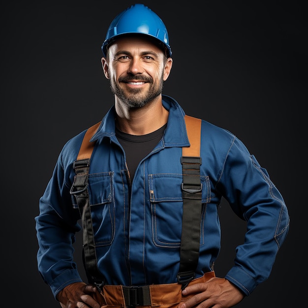 Experienced Construction Worker on Solid Blue Background