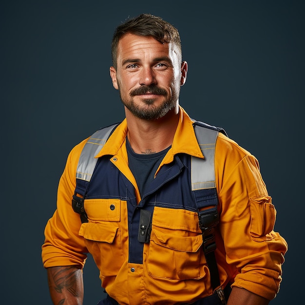 Experienced Construction Worker on Solid Blue Background