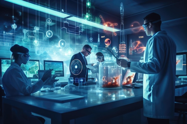 Experienced doctor in lab coat and eyeglasses working with colleague Scientists working with a futuristic interface in a laboratory presented in a panoramic banner AI Generated