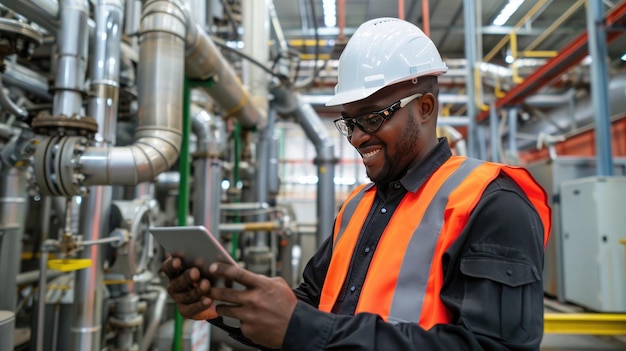experienced engineer in hard hat using a tablet standing in an industrial plant with machinery
