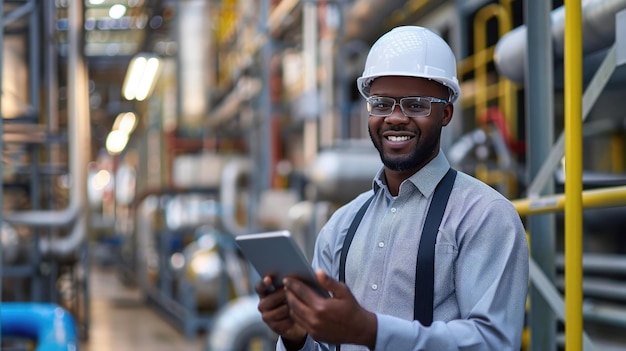 experienced engineer in hard hat using a tablet standing in an industrial plant with machinery