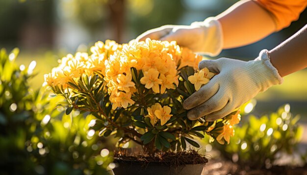 Experienced gardener carefully pruning plants with gloved hands on a sunny and vibrant day