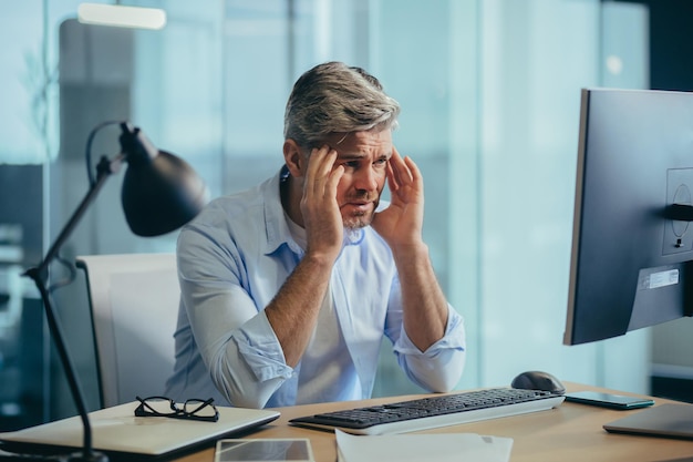 An experienced grayhaired businessman works at the computer until late tired has a severe headache stress and depression