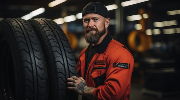 An experienced hard worker is holding a tire and he wants to change it in a tire shop focus on tires