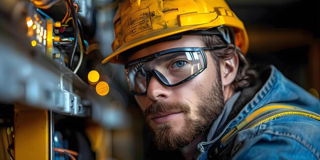 Experienced male electrician in safety gear expertly working on a fuse box during commercial electrical installation Concept Commercial Electrical Installation Fuse Box Maintenance