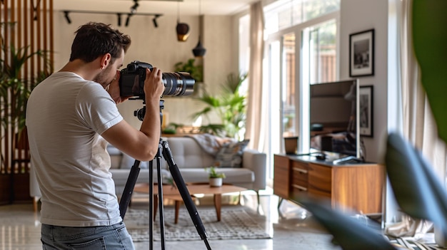 Фото Опытный фотограф-мужчина, снимающий внутренние изображения домов для объявлений о недвижимости и дизайна интерьера