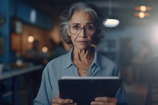 An experienced old Latin American woman journalist stands in her office holding a tablet and ready to report on news and current events Generative AI