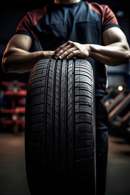 An experienced service station mechanic handles a car tire