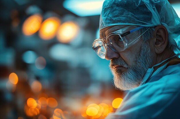 An experienced surgeon in blue scrubs and safety glasses intently prepares for a medical operation in a wellequipped operating room Doctor man health in Operating room concept