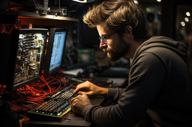 Foto un tecnico esperto ripara il sistema operativo e l'ia generativa del software