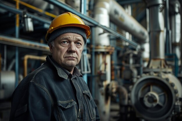 Foto lavoratore esperto in un impianto di produzione industriale con ia generata