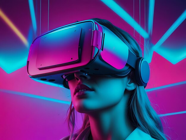 Photo experiencing virtual reality headset on neon background