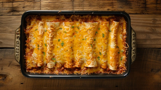 Experiment with different angles to capture the layers of enchiladas in the baking dish