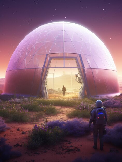 experimental dome for human habitation on mars with vegetation