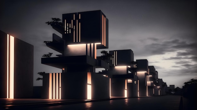 Experimentele architectuur ontwerp creatieve visualisatie met avondverlichting neuraal netwerk gegenereerde kunst