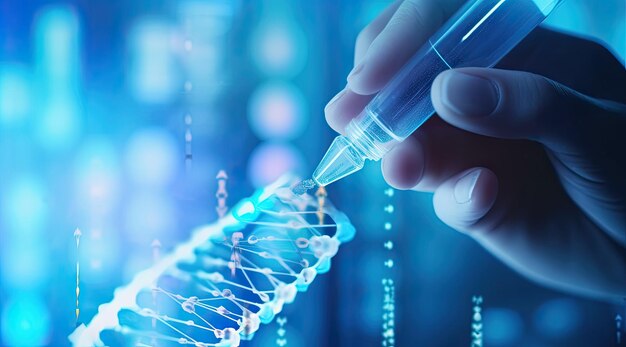 写真 科学者がサンプルを分析しガラスの器に入する実験 (dna structure chemical li)