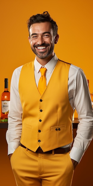 Expert Bartender on Solid Yellow Background